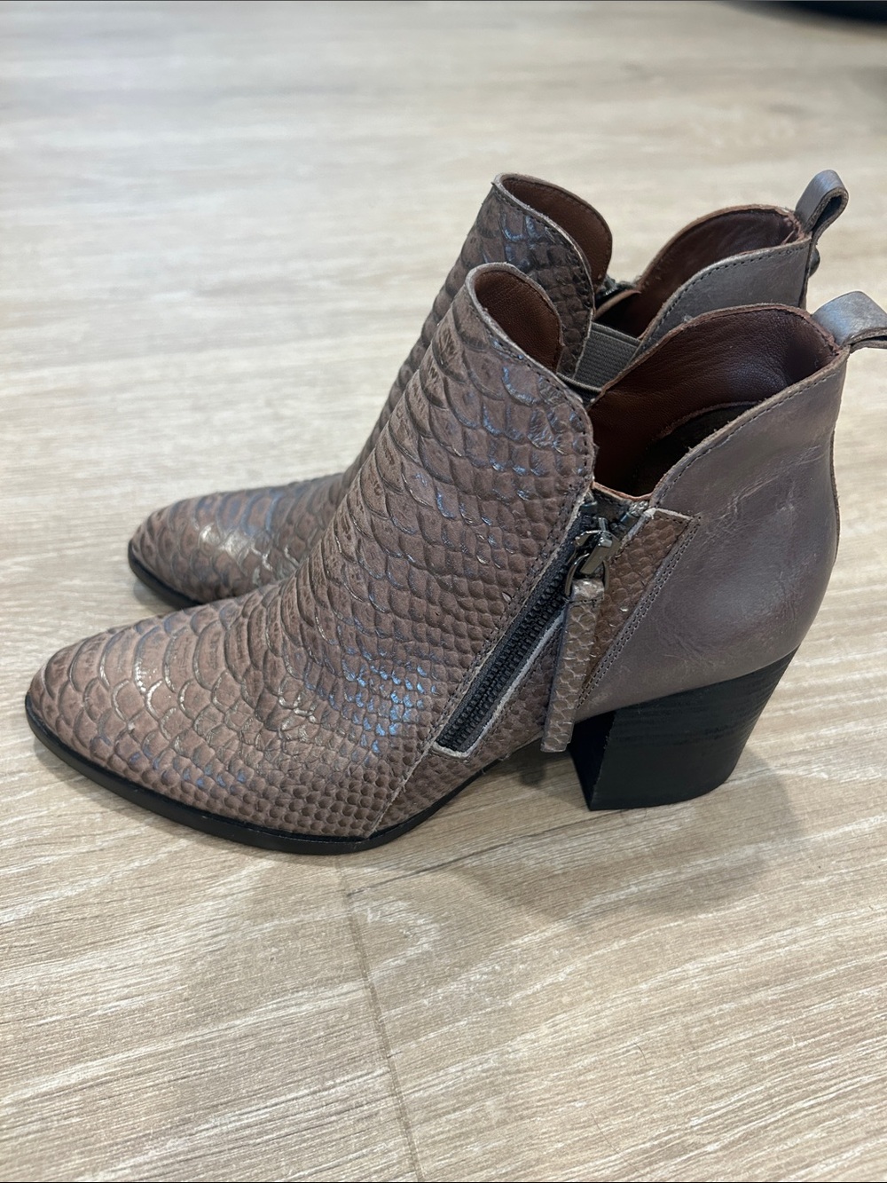 Donald J. Pliner Taupe Snake-Embossed Leather Ankle Booties